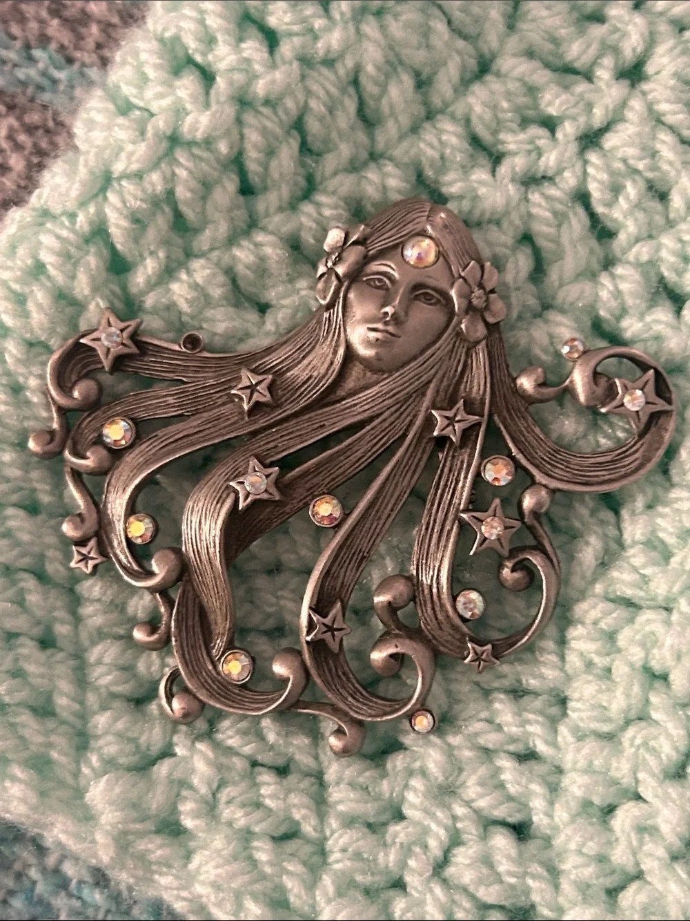 Vintage Signed JJ Pewter AB Rhinestone Boho Art Nouveau Brooch